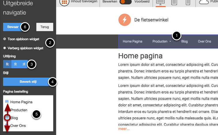 Instellingen voor het navigatie
menu