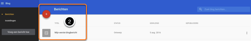2. Klik op 'mijn eerste blog post ' of klik op de rode +
knop