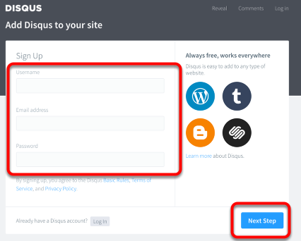 Kies een gebruikersnaam, vul uw e-mailadres en paswoord in. Klik daarna op
knop met 'next
step'.