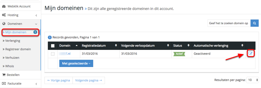Selecteer het domein dat u wenst op te
zeggen