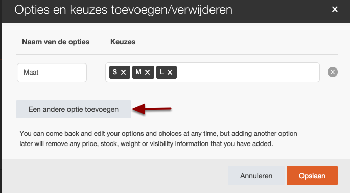 Een andere variant optie
toevoegen