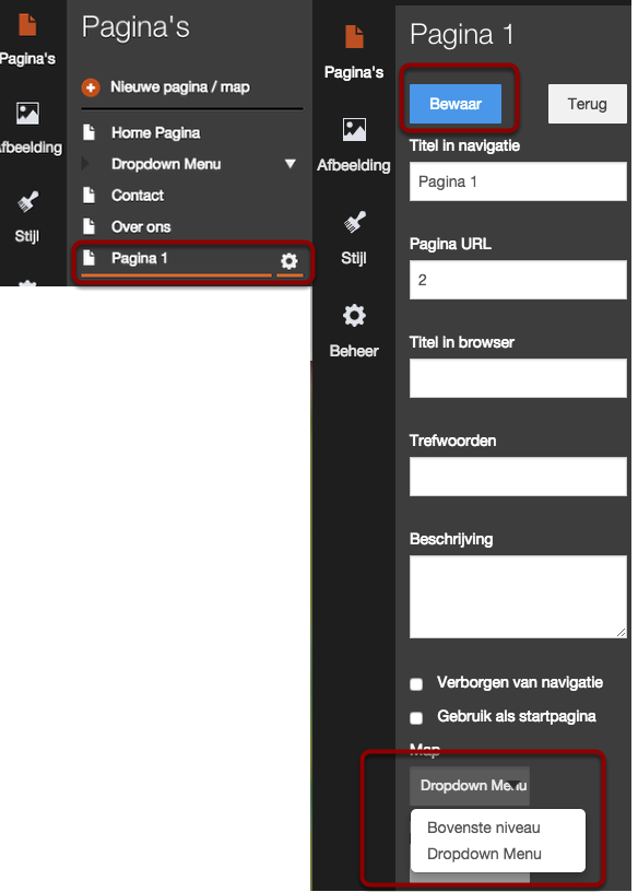 Pagina toevoegen aan het drop down
menu.