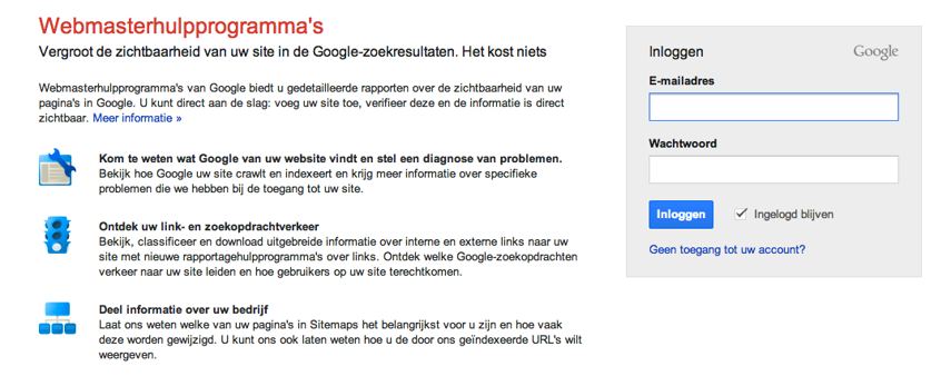 1. Inloggen bij Google
Webmaster.