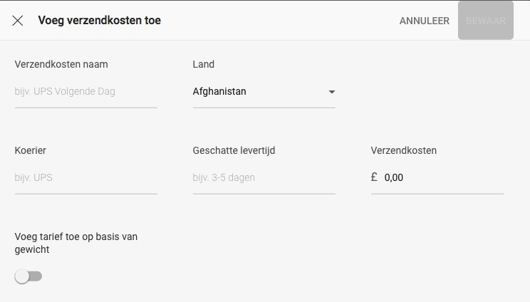 Vul hier de gegevens voor de verzendkosten in.
