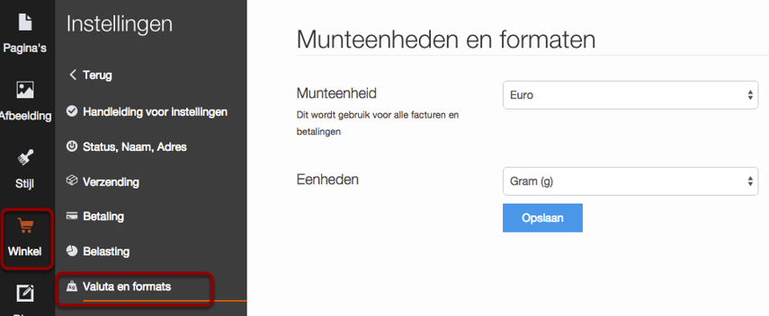 Valuta's, eenheden
instellen